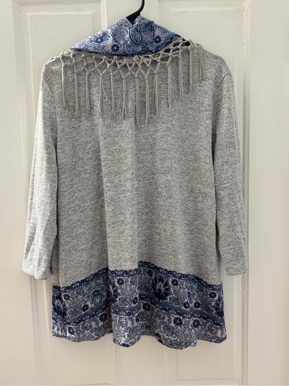 ONE WORLD Gray Top with Blue Paisley Trim and Fringe Scarf - Picture 2 of 3